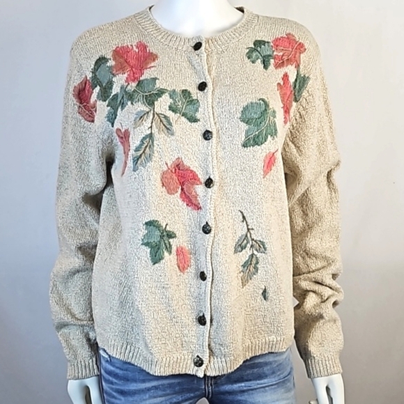 VTG Monterey by Koret Linen Cotton Knit Cream Cardigan w Embroidered Leaf Motif - Picture 1 of 16